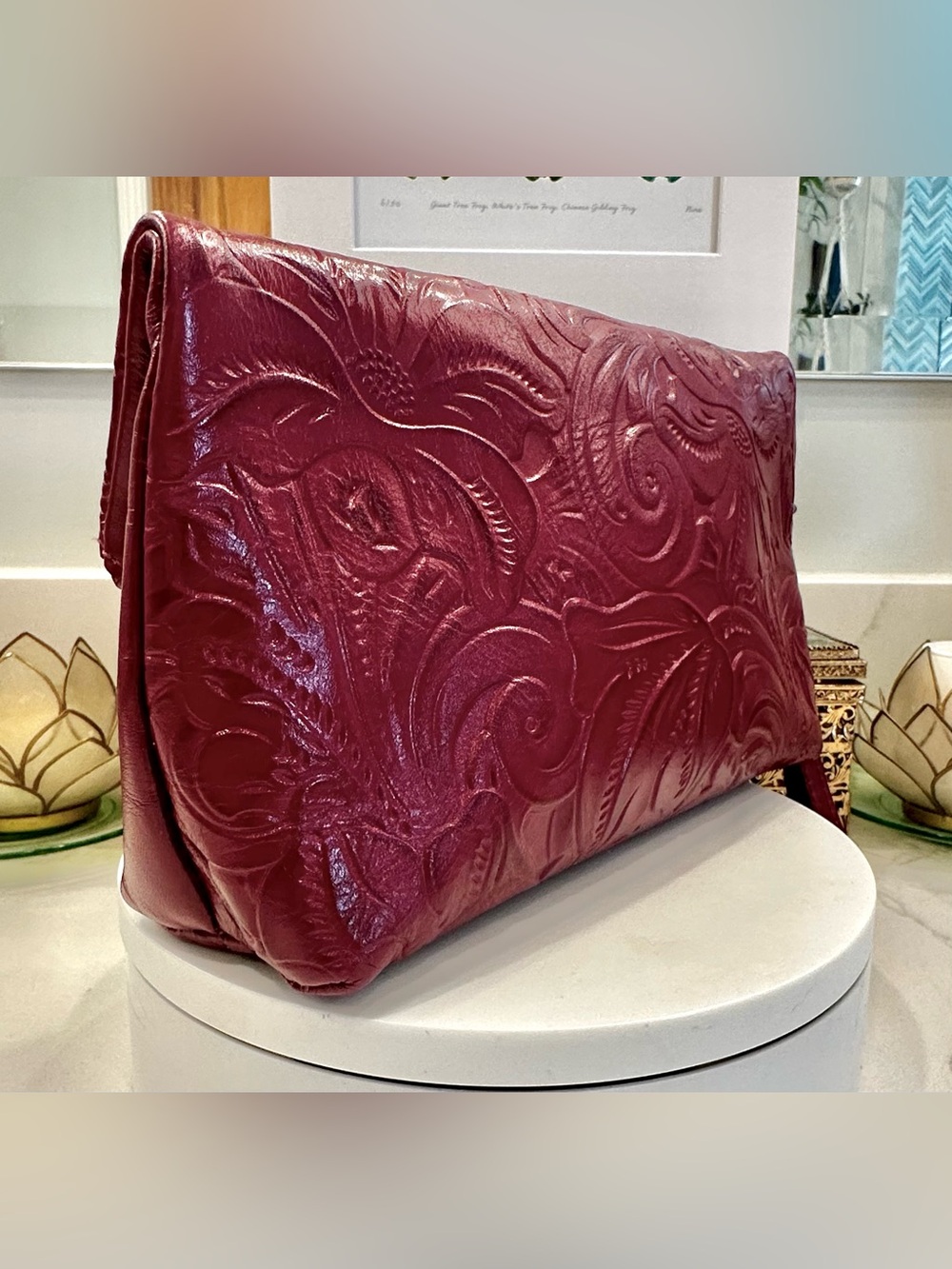 Patricia Nash Tooled Floral Motif Magenta Leather Wristlet/Clutch Purse - EUC - Picture 3 of 17